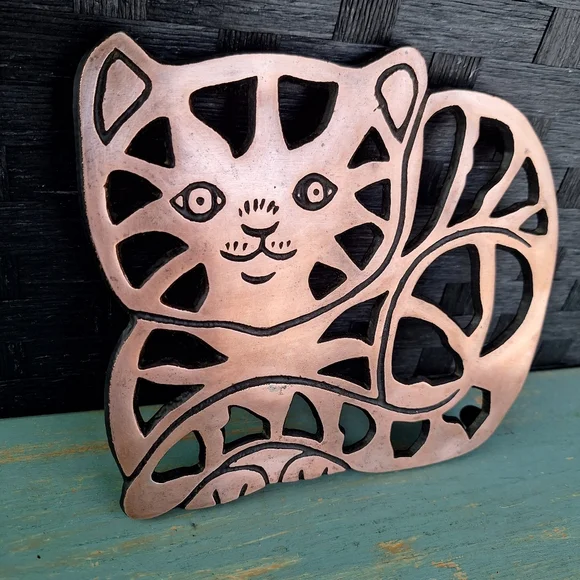 Vintage Cat Hot Pad Trivet Copper Kitchen Decor Pot Holder - Picture 3 of 16